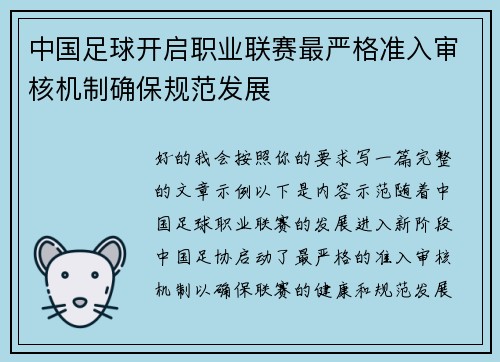 中国足球开启职业联赛最严格准入审核机制确保规范发展