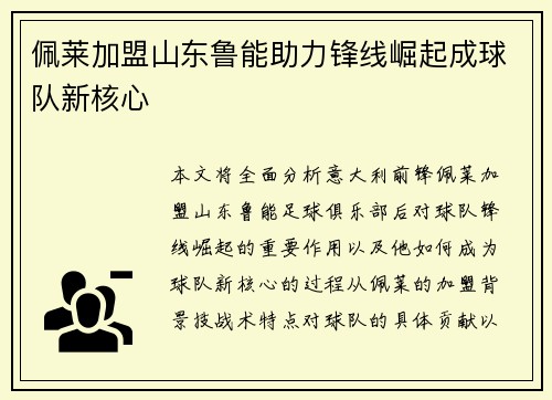 佩莱加盟山东鲁能助力锋线崛起成球队新核心 佩莱加盟山东鲁能助力锋线崛起成球队新核心